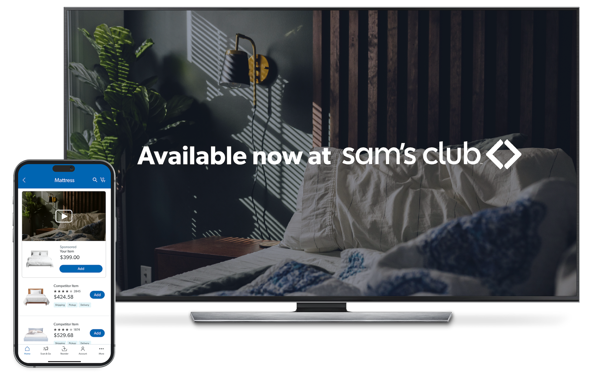 A TV display with the words 'Available now at Sam's Club' on it accompanied by a mobile device with the Sam's Club app open.