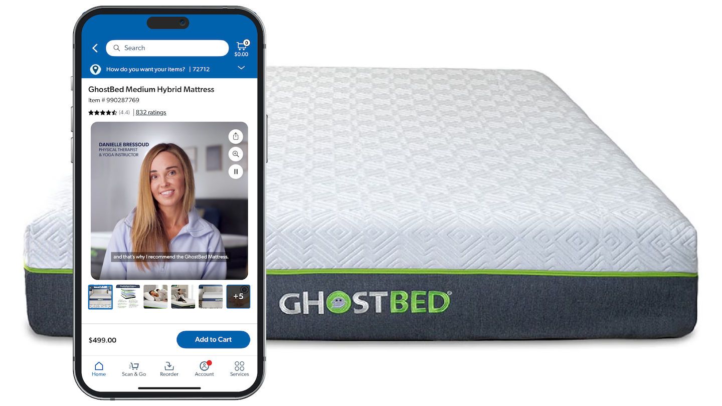 GhostBed mattress shown along with a Sam’s Club product display page for the item, featuring an Expert Review Video