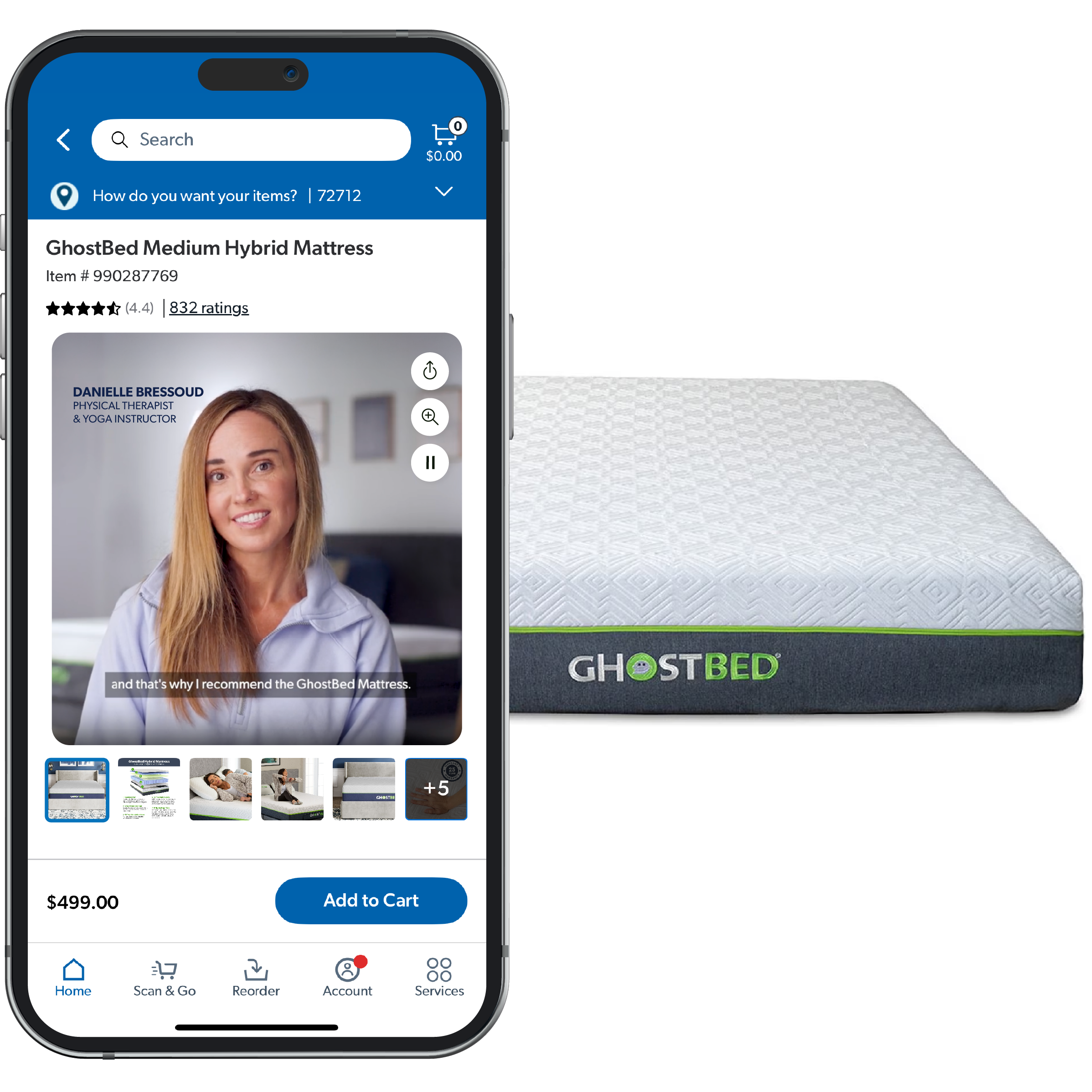 GhostBed mattress shown along with a Sam’s Club product display page for the item, featuring an Expert Review Video.