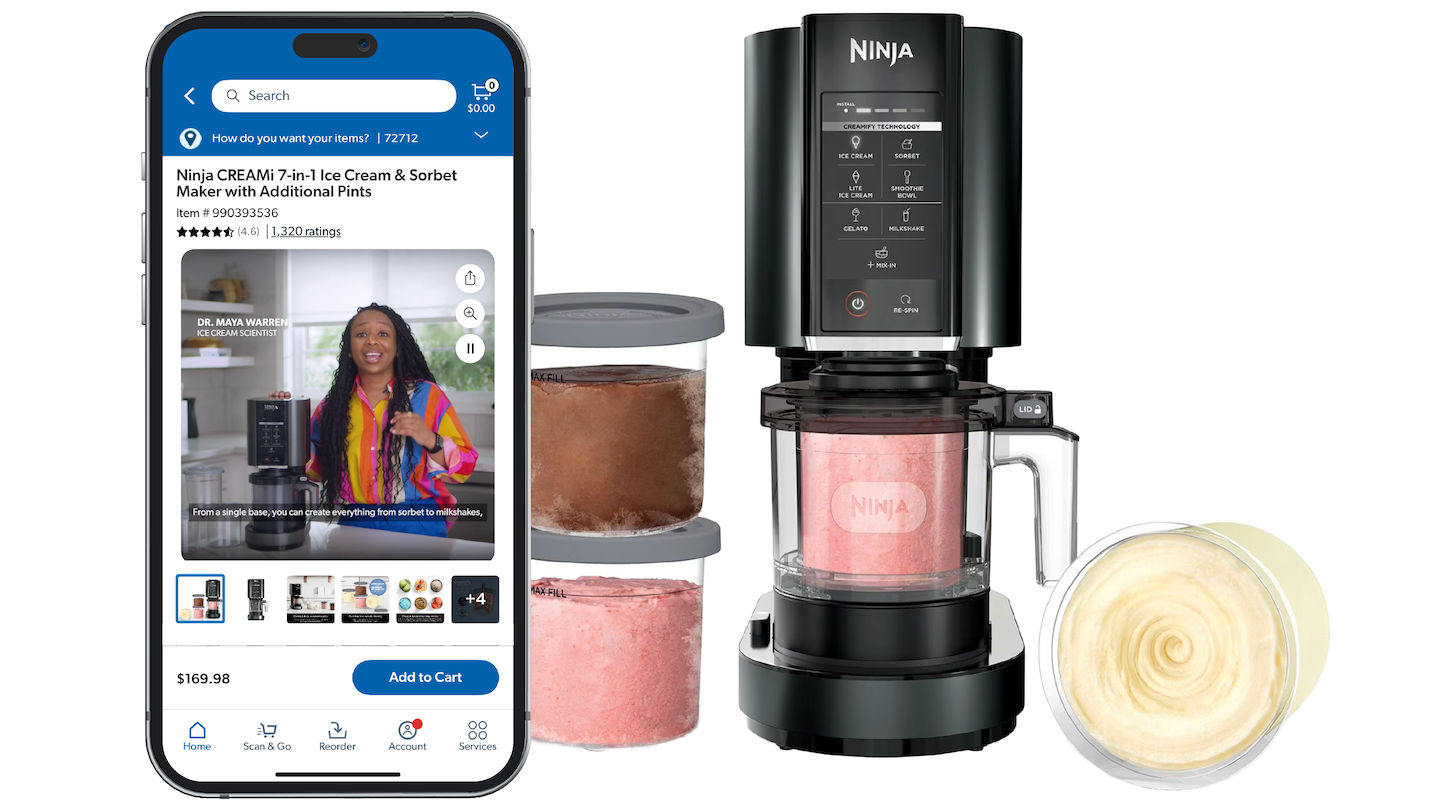 Phone with Ninja CREAMi 7-in-1 ice cream and sorbet maker shown along with a Sam’s Club product display page for the item, featuring an Expert Review Video from a food scientist.