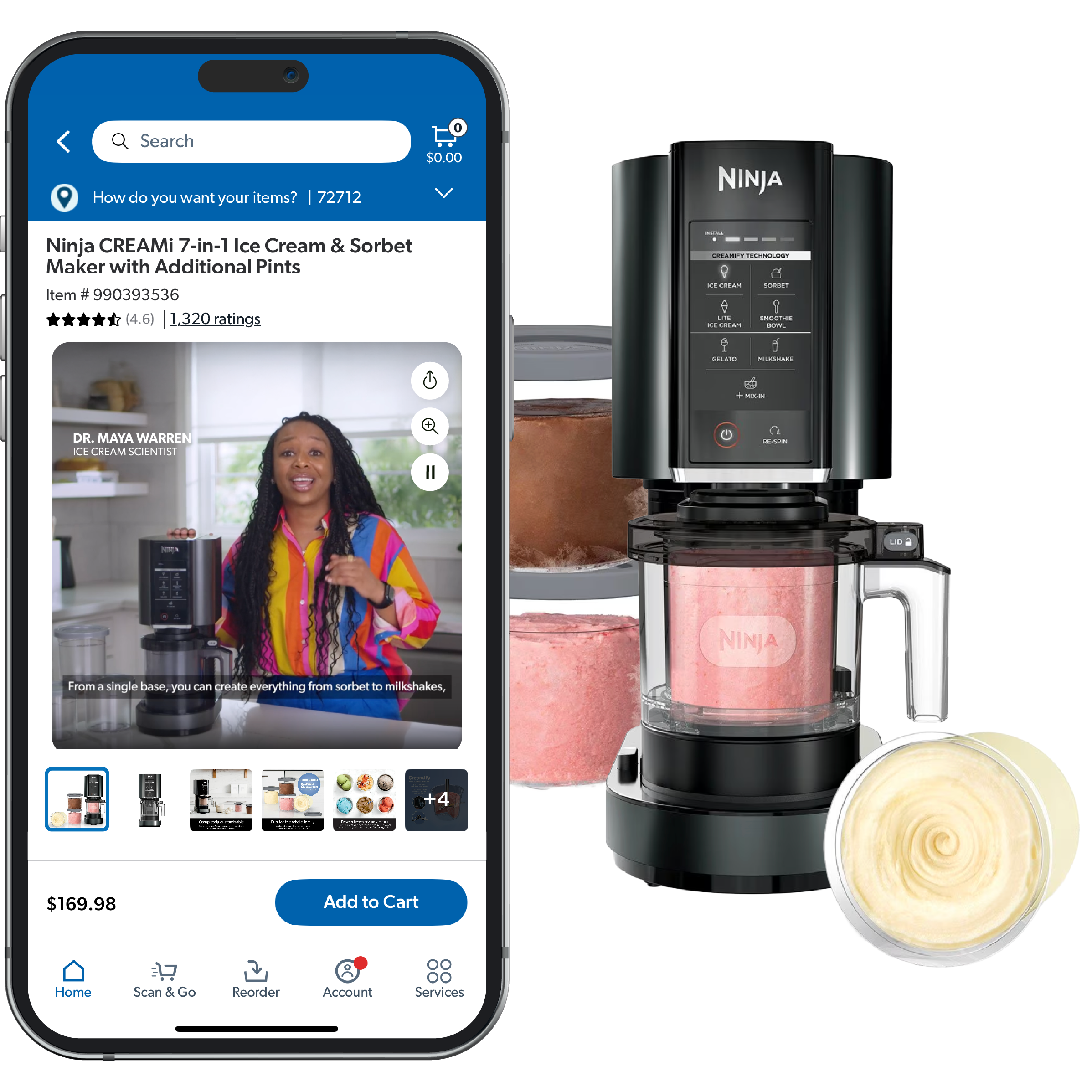 Phone with Ninja CREAMi 7-in-1 ice cream and sorbet maker shown along with a Sam’s Club product display page for the item, featuring an Expert Review Video from a food scientist.