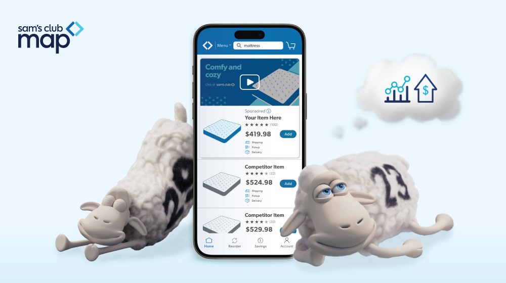 A smartphone displays bed mattresses for sale while sheep representing the Serta brand lounge nearby.